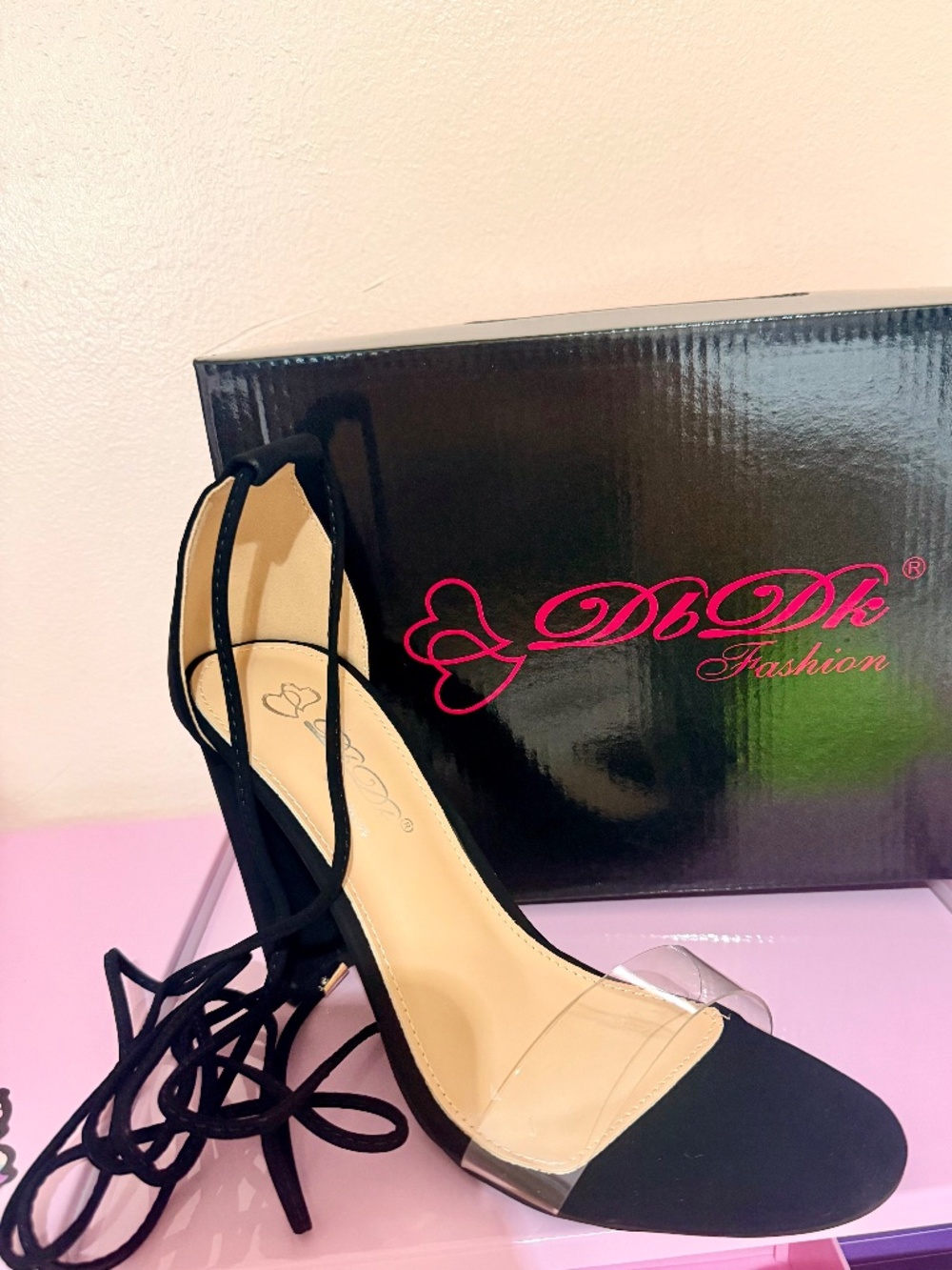 DBDK Fashion Black Sandal W/Clear Vinyl Toe Strap Long Laces Wrap Around Ankle